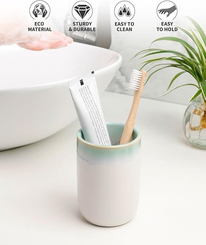 BosilunLife Ceramic Toothbrush Holder - 12oz Bathroom Toothbrush Holder Tooth Brush Holders Tumbler Cups Reusable Toothbrush Mouthwash Cup Small Toothbrush and Toothpaste Holder, White with Blue-Green