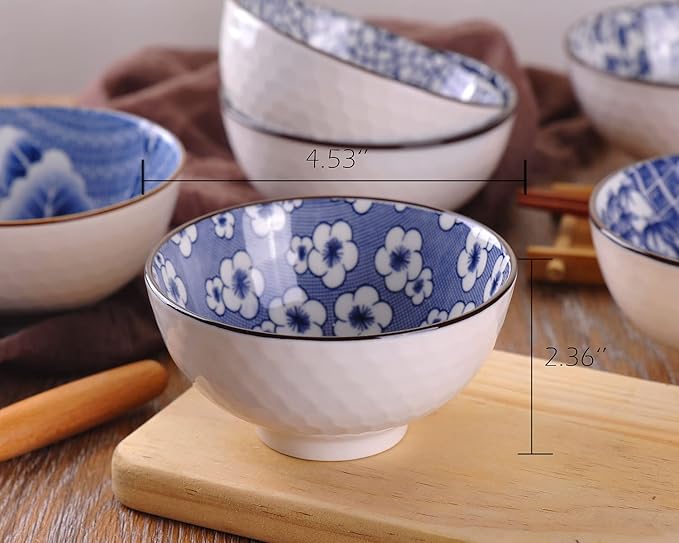 WHJY Blue and White Chinese Japanese Ceramic Rice Bowl 10 oz, Sakura Bowl Gift Set, Serving Bowls Dinnerware Bowls for Rice, Cereal, Noodle, Soup, Desserts, Set of 6