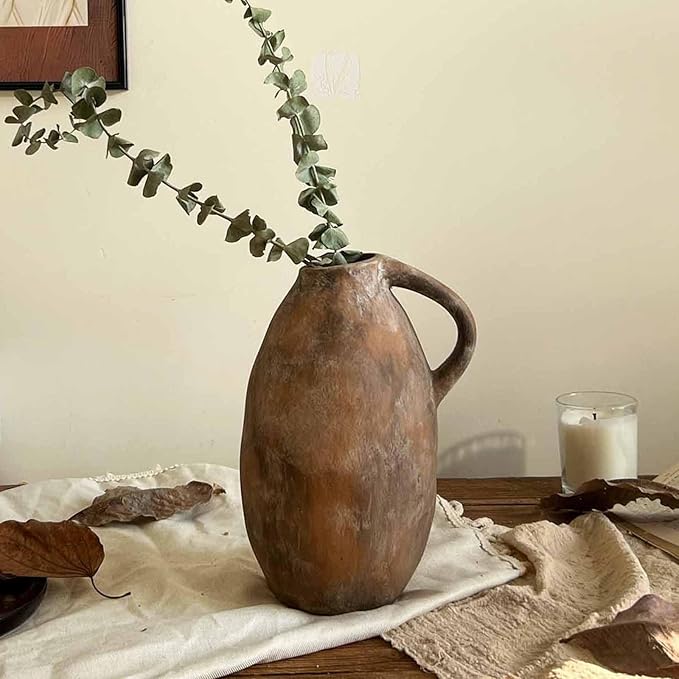 Rustic Ceramic Vase, Farmhouse Vases with Handle, Handmade Pottery Vase, Vintage Rustic Vase for Living Room, Kitchen, Home Decor, Thanksgiving, Centerpieces - 9.6 Inch