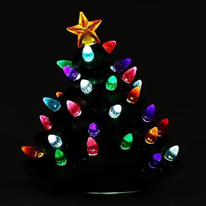 Garvee 13" Battery Powered Ceramic Santa Christmas Tree with 50 Colorful LED Lights, Vintage Tabletop Decor, Holiday Candy Jar for Home, Desk, Office & Gift