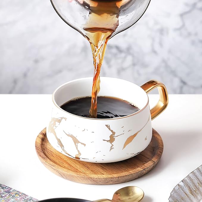LUCCK 12oz Ceramic Marble Tea Cup with Wooden Saucer Ceramic Coffee Cup Cappuccino Cup Luxury Gold Inlay Fashion Marble Pattern for Women(White)