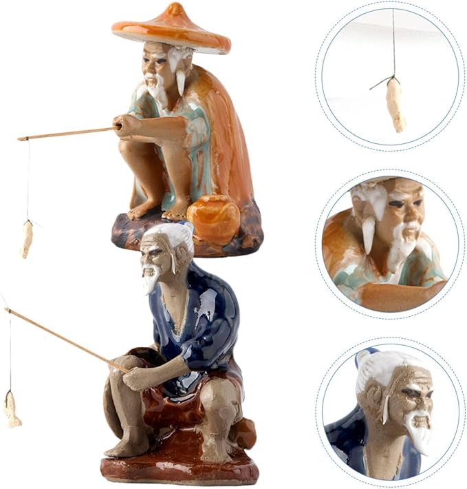 Homoyoyo Ceramic Fisherman Figurine Set 2pcs, 4-inch Bonsai Ornament for Fish Tank Decor, Aquarium Desktop Collectible Statue, Asian Fishing Man Sculpture for Home Garden