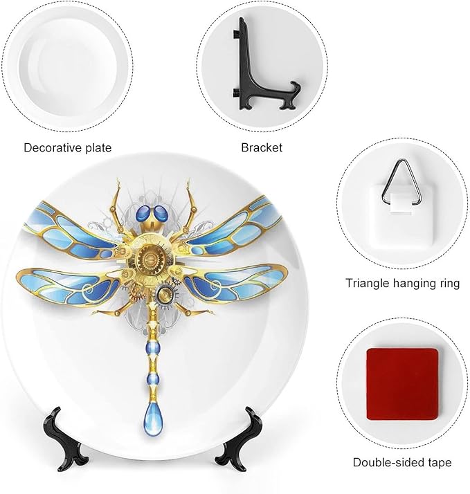XISUNYA 10 Inch Decorative Plate, Dragonfly Ceramic Stoneware, Close Up View of Mechanical Dragonfly with Multifaceted Eyes Print Ceramic Wall Hanging for Home Office Party Dinner Table Decor