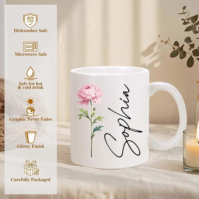 Custom Coffee Mug with Birth Flower & Text, 11oz Ceramic Personalized Mugs for Women, Customized Birthday Gifts for Mom Sister Coworker Best Friend (Flower & Name)