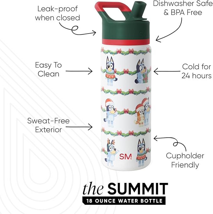 Simple Modern Kids Summit | Christmas Water Bottle with Straw Lid | Bluey 18oz Stainless Steel Cup Insulated Tumbler for Toddlers, School | Holiday Gifts for Girls Boys | Bluey Holly Jolly