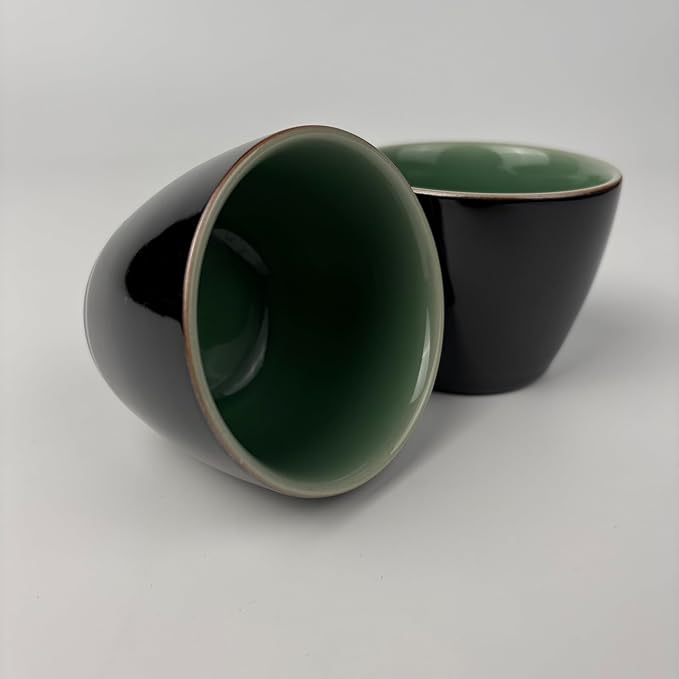 Ceramic Tea Cup, Black Exterior with Green Interior, Glossy Glaze Finish, Handleless Design, for Tea and Coffee