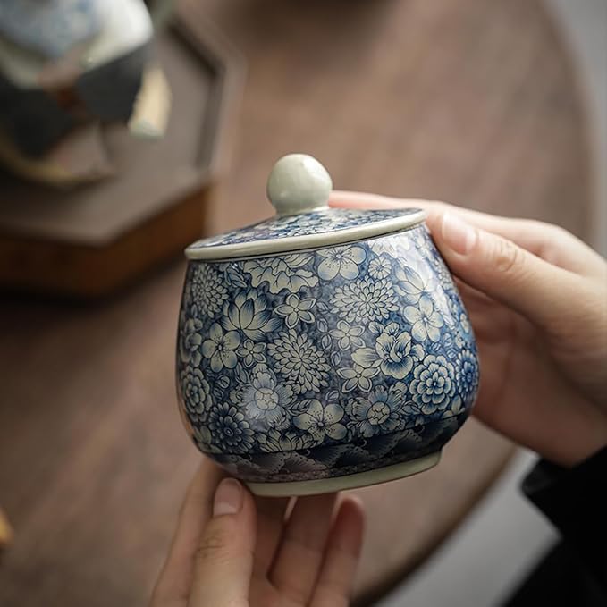 Vintage White and Blue Ceramic Portable Tea Caddy Tea Canister Tea Storage Container Tins Jar with Airtight Lid for Tea, Coffee, Herb, Sugar, Spice, Nuts, 9 OZ
