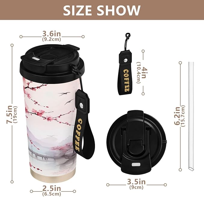 Asian Landscape Pink 17oz Insulated Coffee Mug with Dual-Function Lid, Ceramic Lined Travel Tumbler for Pure Taste, Stainless Steel Water Bottle with Straw, Fits Cup Holders