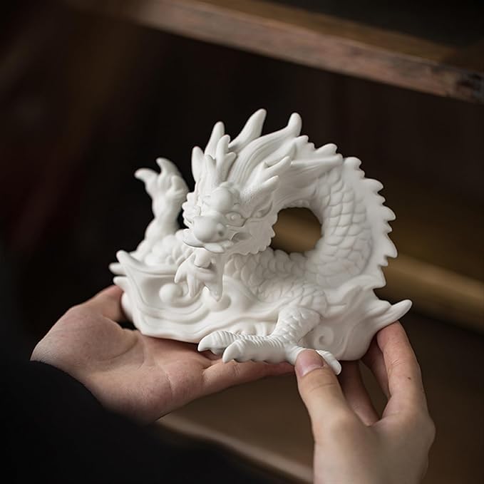 SWLOM Garden Decor Chinese Feng Shui White Dragon Figurine, Asian Patio Decor, Ceramic Oriental Dragon Sculpture Tabletop Ornaments