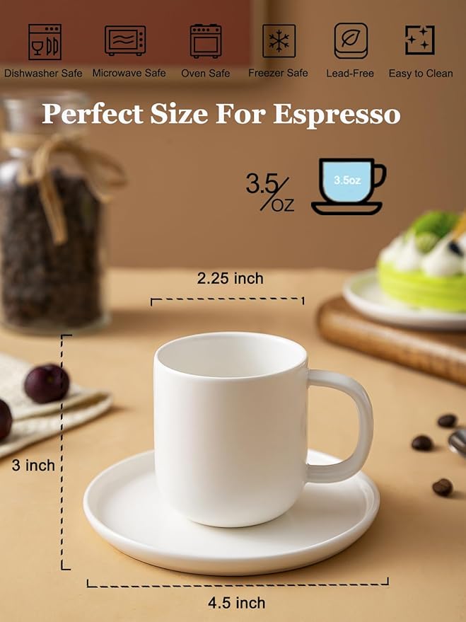 Set of 4 Espresso Cups And Saucers In Stronger Porcelain 3.5oz,Mini Coffee Mugs Demitasse Cups