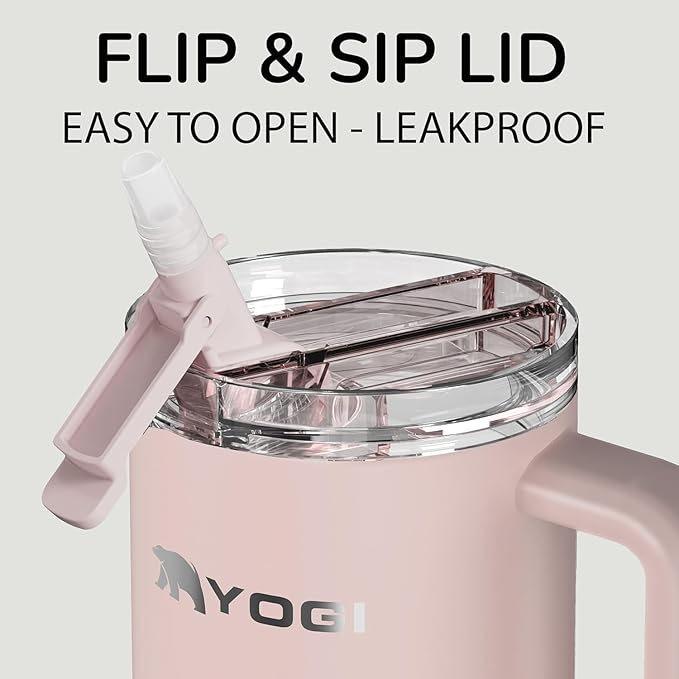 YOGI Ceramic Lined Metal Allergy Safe 24oz Tumbler Handle Comes with Straw Leakproof Flip & Sip Lid Vacuum Insulated Stainless Steel Travel Cup for Iced Coffee and Water Hydration 24oz Peonypink