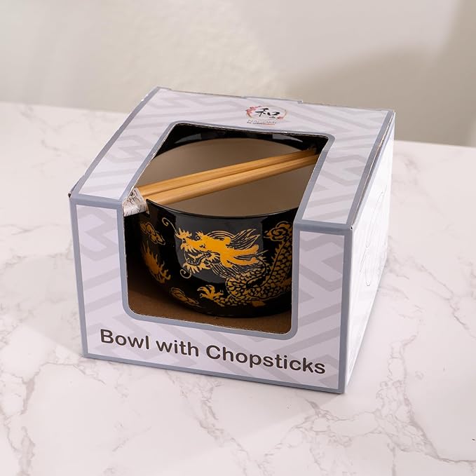 Urban Tokyo Handpainted Ceramic Glazed Japanese Ramen Udon Noodle Rice Bowl With Chopsticks 20 fl oz 5 inch Diameter Bowl Sets Color Box Packaging (Oriental Dragon Black)