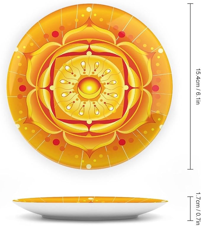 XISUNYA 7 Inch Decorative Plate, Lotus Porcelain Plate, Circular Journey Energetic Body Zen Life Symbol Print Ceramic Wall Hanging for Home Office Party Dinner Table Decor, Orange Yellow