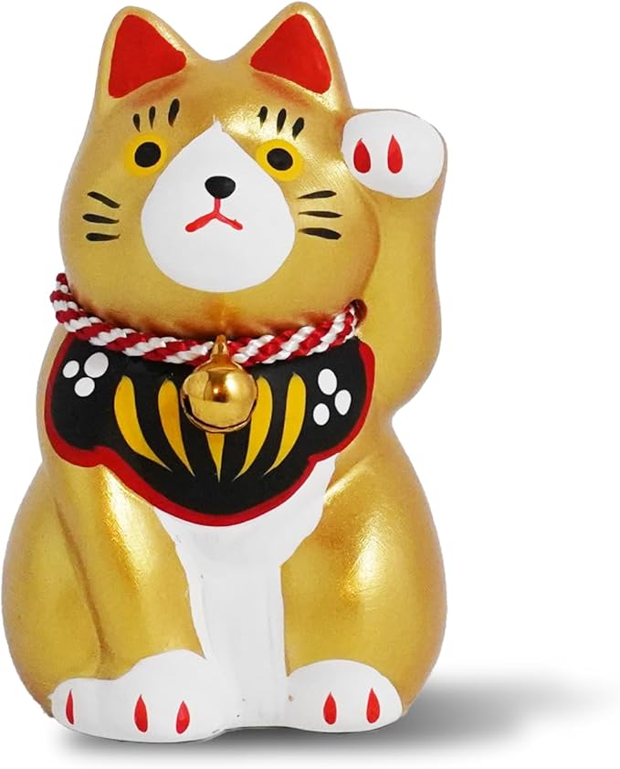 Maneki-Neko Lucky Cat, 2.7 Inches | Hand-Painted Ceramic Fortune and Prosperity Talisman | Artisan Crafted Desk and Room Decor | Made in Japan (Gold)