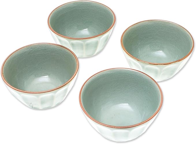 NOVICA Artisan Handmade Celadon Ceramic Bowls from Thailand Set of 4 Green Tableware Dinnerware [ 2.8in H x 4.7in Diam. 10 Oz.] ' Simple Thai' Set of 4