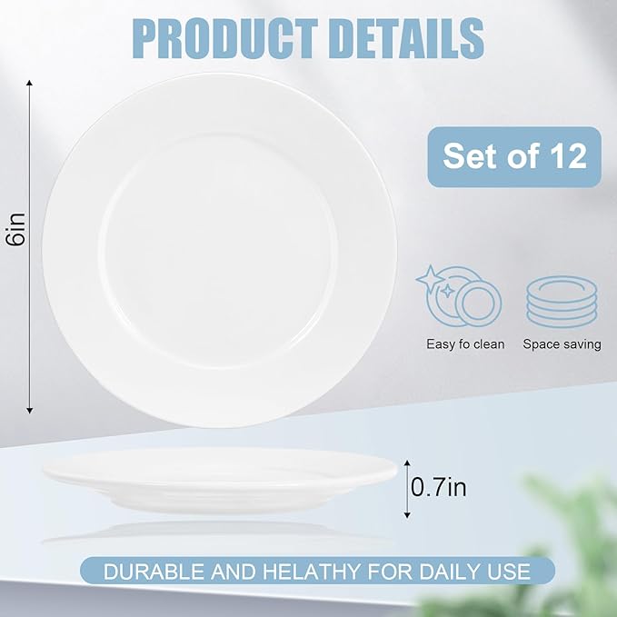 12 Pcs Porcelain Dessert Plates,Small Appetizer Plates,6 inch Small White Plates,Small Plates for Appetizers,White Salad Plates,Ceramic Dessert Plate Set,Microwave Oven and Dishwasher Safe
