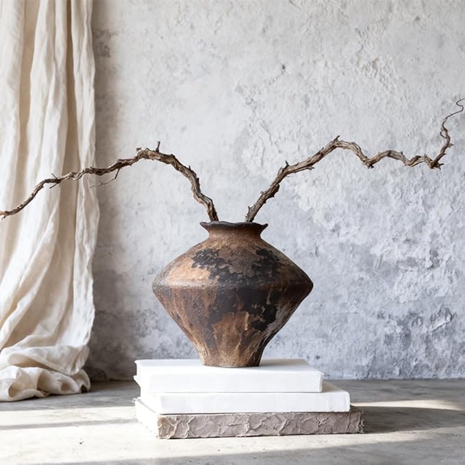 Dark Brown Terracotta Ceramic Vase, 11.5" Large Rustic Farmhouse Pottery Vase with Wide Mouth, Watertight Wabi Sabi Flower Vase for Pampas Grass and Table Centerpieces Decor