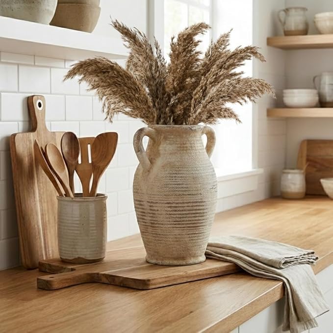 Emotionally Grounded Vase, Vaseking Large Ceramic Rustic Vase with 2 Handles, 9.8 inch Minimalist Decorative Farmhouse Tall Vases for Home Decor, Living Room, Enterway, Table Decoration, Gray