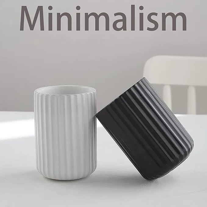 Nordic Ceramic Mug, Japanese Tea Cup 10oz Striped Cup No Handle Drinking Cup for Latte Milk Water Beverage Juice Microwave and Dishwasher Safe (Matte Black)