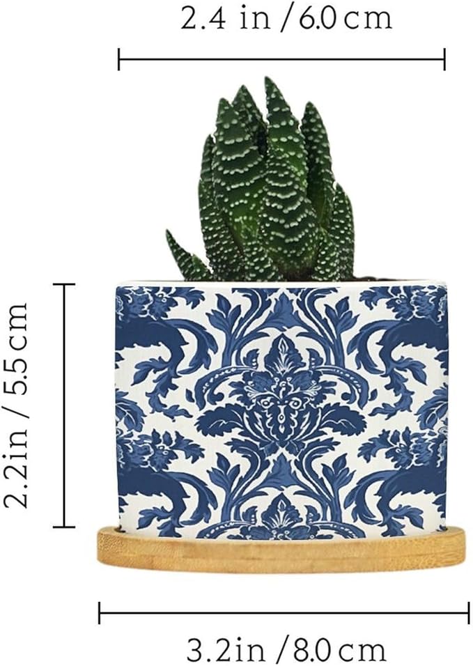 Blue Regalia Lion Planters Ceramic Chinoiserie Geometric Print Round Plant Pot with Drainage Holes and Bamboo Tray Pot for Home Desktop Office Windowsill