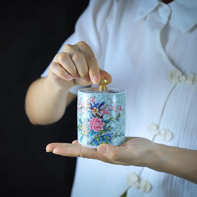 Enamel Ceramic Tea Caddy Tea Canister Tea Storage Container Tins Jar with Airtight Lid Water-proof Tank for Tea, Coffee, Herb, Sugar, Spice, Nuts
