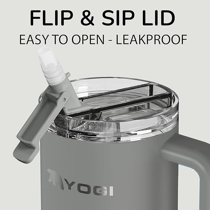 YOGI Ceramic Lined Metal Allergy Safe 24oz Tumbler with Handle and Straw Leakproof Flip & Sip Lid Vacuum Insulated Stainless Steel Travel Cup for Iced Coffee Water and All-Day Hydration 24oz Slate