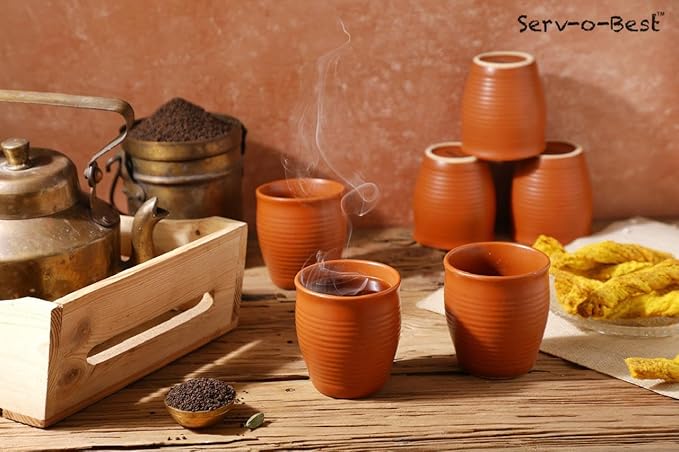 Handmade Cantaritos de Barro Ceramic Tea Cups Set – 6 Desi Kulhad Chai/ Coffee Cups (5 oz Capacity), Lead-Free, Dishwasher & Microwave Safe, Glazed, Glossy finish Clay Tea Cups/ kulhar/kullar - Brown