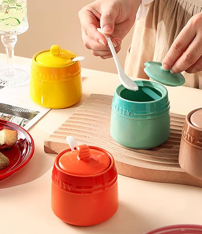 Colourful Ceramic Spice Jar Seasoning Box Condiment Pot Sugar Bowl with Lid Spoon-Orange