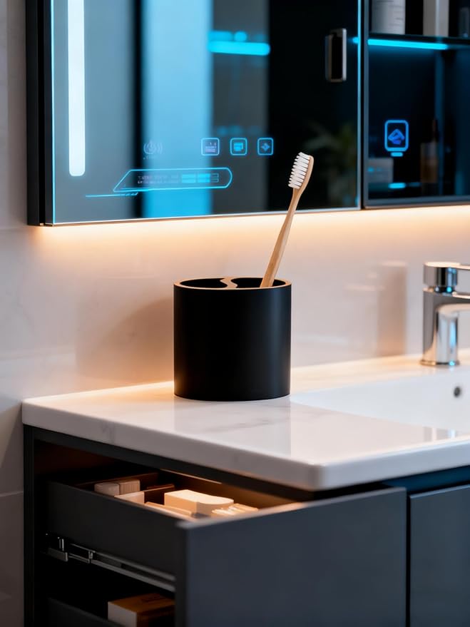 Matte Black Resin Toothbrush Holder - Small Electric Toothbrush Organizer for Bathroom Vanity Countertops & Desk, Holds Pencil Brushes/Toothpaste