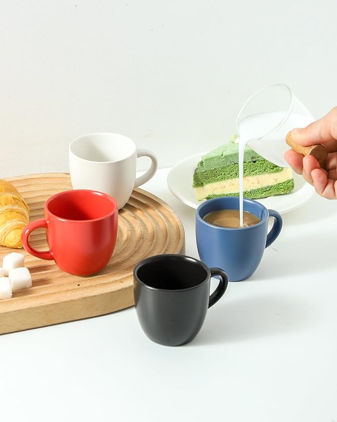 HASENSE Ceramic 3 OZ Espresso Cups, Porcelain Espresso Demitasse Cups Set of 4 for Double shot, Lungo and Ristretto, Tiny Italian Expresso Shot Coffee Mugs for Home and Office, Black