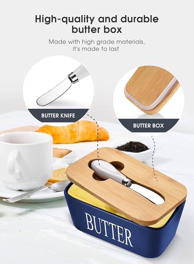 Butter Dish with Lid, Home Decor, Large Butter Dish for Countertop Ceramic Butter Keeper Container with Knife and High Quality Silicone Sealing Good Kitchen Gift Blue