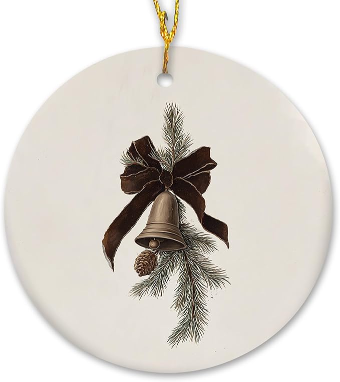 Rustic Christmas Tree Bell Ceramic Ornament Gifts, Winter Neutral Christmas Xmas Tree Decorative Hanging Ornaments for Xmas Holiday Party Decoration, Winter Decorations