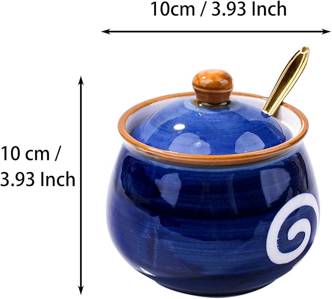 Blue Ceramic Sugar Jar with Lid & Golden Spoon - 10.8oz Airtight Kitchen Storage Canister for Coffee Tea Spices Baking Essentials Elegant Tabletop Decor or Gift Idea (1.35 Cup Capacity)