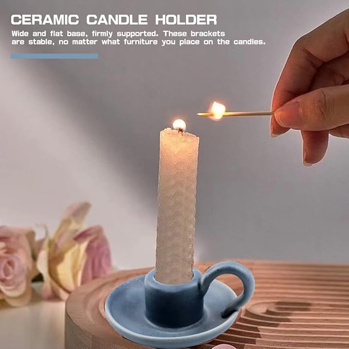 Set of 2 Ceramic Candle Holders，Taper Candle Holder with Handle Nordic Style Candle Burning Display Holder for Home Wedding Party Anniversary Housewarming Gifts （Blue）