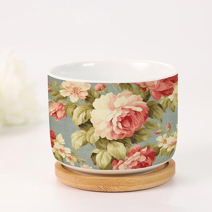 Pink Cabbage Roses Romantic Small Ceramics Planters Set of 5 Cottage Chic Antique Pink Flower Ceramics Pots for Plants Traditional Chinese Chinoiserie Cactus Planter for Indoor
