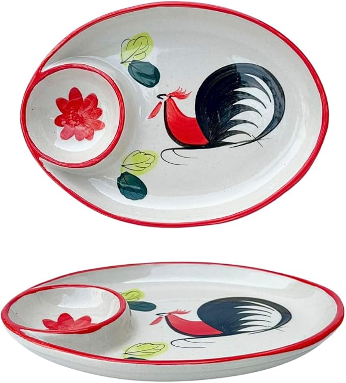 Thai Ceramic Chicken Plate with Sauce Well – 9x6 inch Traditional Rooster Pattern Serving Dish for Snacks, Dips, Sushi, or Appetizers