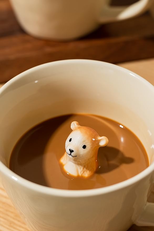 DIHOclub Bear Ceramic Cup Hidden 3D Animal Inside Mug,Cute Cartoon Handmade Figurine Mugs,Holiday and Birthday Gift for Coffee Milk Tea Lovers,12 OZ(Cream Color) | Bear, Cute Cartoon, Handmade, Figurine Mugs