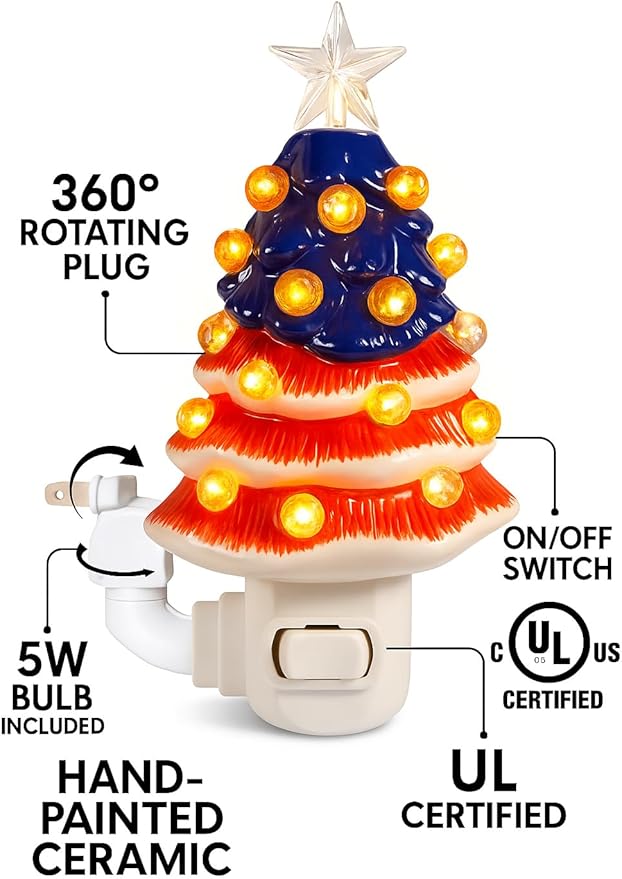 4th of July Patriotic Ceramic Christmas Tree Night Light, 6-Inch Plug-in Vintage Holiday Lamp with 28 Red White Blue Lights, 360° Rotating UL Plug, Warm Glow & Bulb Included (USA Flag)