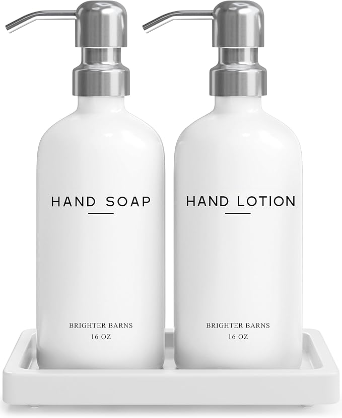 White Glass Soap and Lotion Dispenser Set by Brighter Barns - Bathroom Soap Dispenser Set Tray - Liquid Hand Soap Dispenser Pump - Modern Bathroom Accessories for Guest, Hotel, Spa, Restaurant (White)