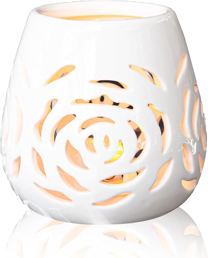 White Ceramic Rose Hollow Candle Holder – Creative Aromatherapy Essential Oil Burner, Wax Melt Diffuser & Tealight Candle Holder for Home Bedroom Decor, Perfect Christmas & Housewarming Gift