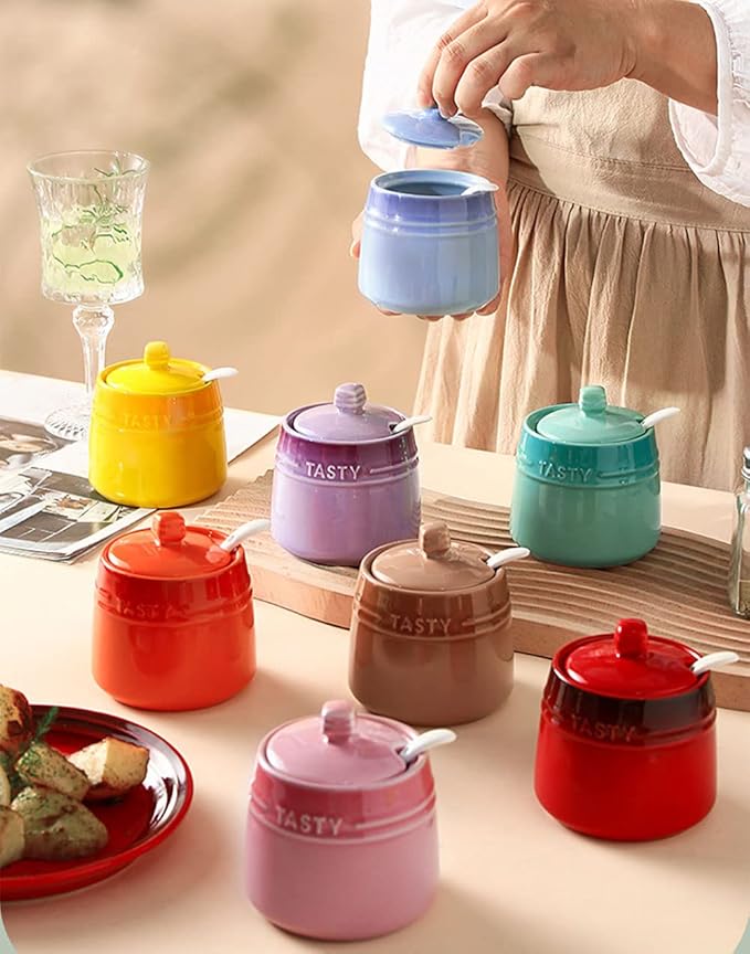 Colourful Ceramic Spice Jar Seasoning Box Condiment Pot Sugar Bowl with Lid Spoon-Pink
