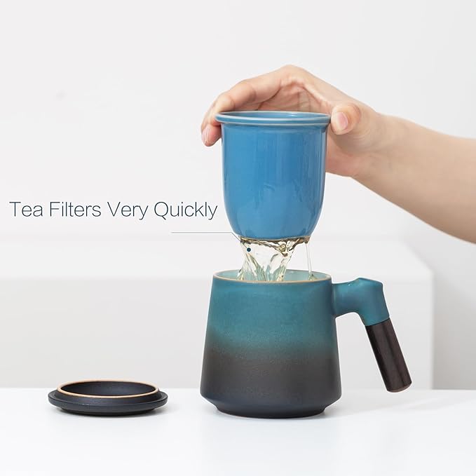 ZENS Tea Cup with Infuser and Lid for Loose Leaf Tea Steeper, 12oz Gradient Blue Tea Mug with Fine Strainers, Wood Handle Tea Mugs for Hot Diffusers Accessories for Tea Lovers Gifts