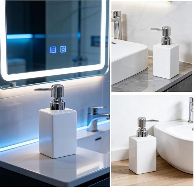11OZ White Soap Dispenser,Modern Marble Square Liquid Dish Countertop Lotion Hand Dispenser for Bathroom Kitchen Farmhouse Hotel