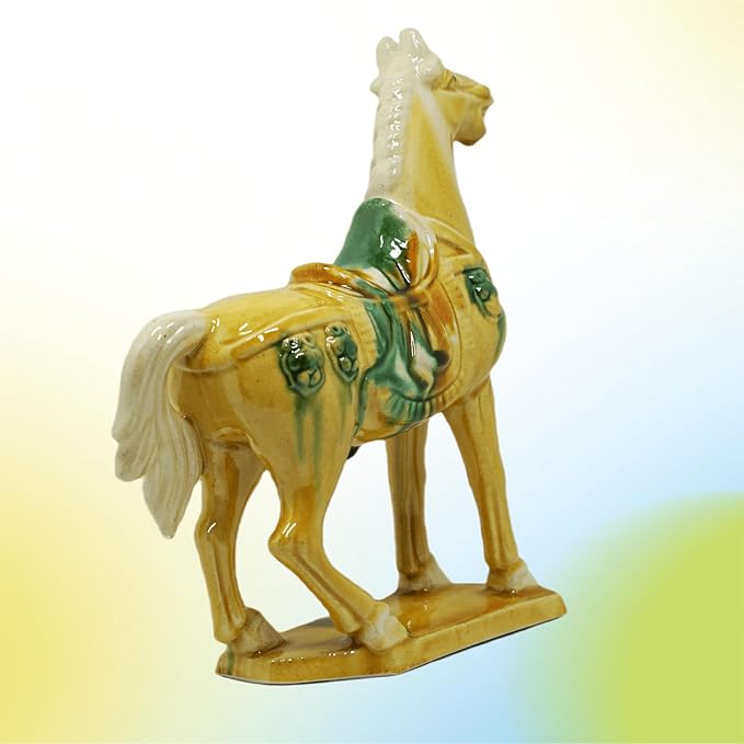 Handmade Tang Dynasty Tri-Color Horse Ceramic Sculpture - 19cm Traditional Chinese Cultural Art Decor - Symbol of Prosperity & Good Fortune - Perfect for Home, Office, Bookcase Shelf (Yellow)