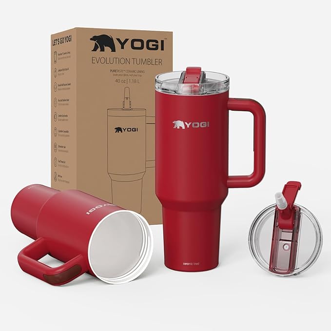YOGI Ceramic Lined Metal Allergy Safe 40oz Tumbler with Handle and Straw Leakproof Flip & Sip Lid Vacuum Insulated Stainless Steel Travel Cup for Iced Coffee Water and All-Day Hydration 40oz Crimson
