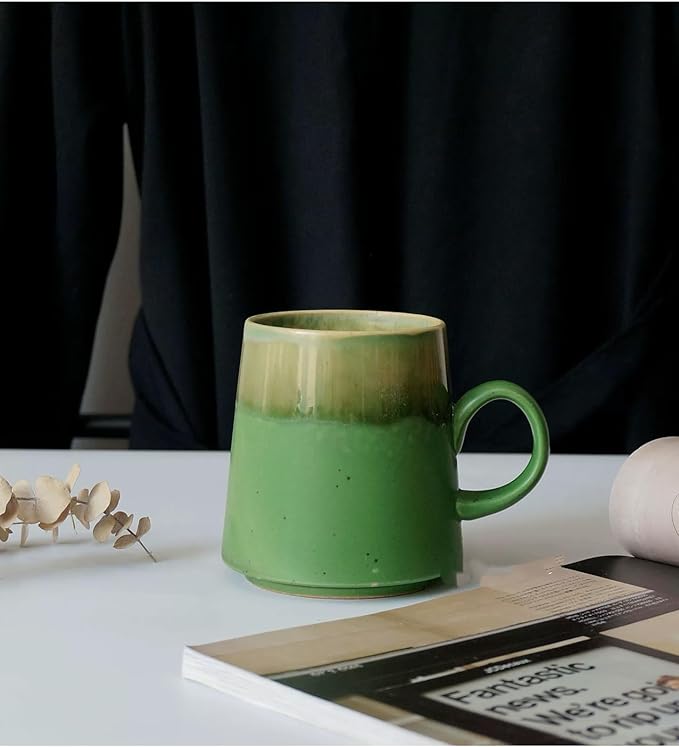 15oz Retro Japanese style Handmade Ceramic Coffee Mug - Unique Pottery tea cup, Lead-free Artisanal stoneware ceramic tea mug, Dishwasher & Microwave Safe Coffee cup for office and home, Green