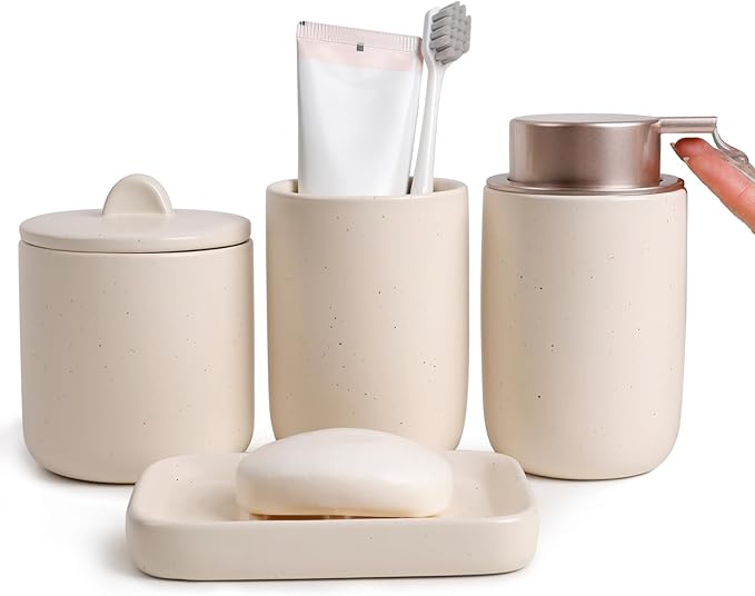 BosilunLife Ceramic Bathroom Accessories Sets Complete Bathroom soap Dispenser and Toothbrush Holder Set (Apricot-Liquid)