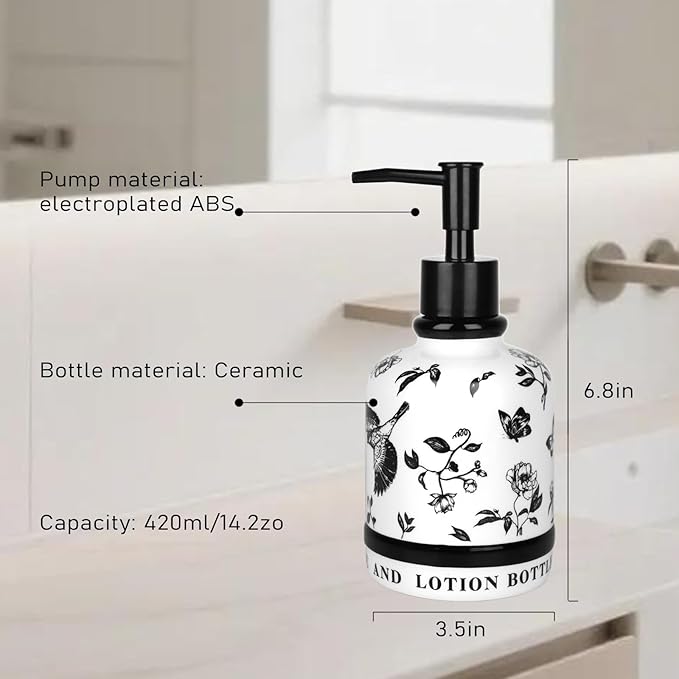 Vintage Ceramic Soap Dispenser, 14.2oz Mid-Century Modern with Flower and Bird Patterns - Refillable Lotion Bottle for Bathroom, Hand Soap Dispenser for Hotel