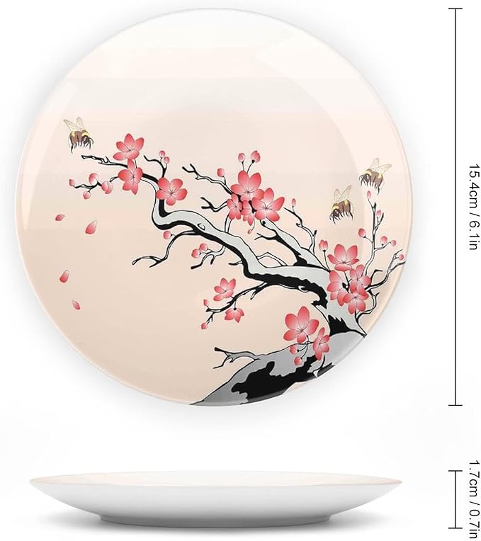 XISUNYA 6 Inch Decorative Plate, Janpese Decor Ceramic Craft, Flowering Cherry Branch with Flying Bees Summer Print Ceramic Wall Hanging for Home & Office Wall Hanging Decor