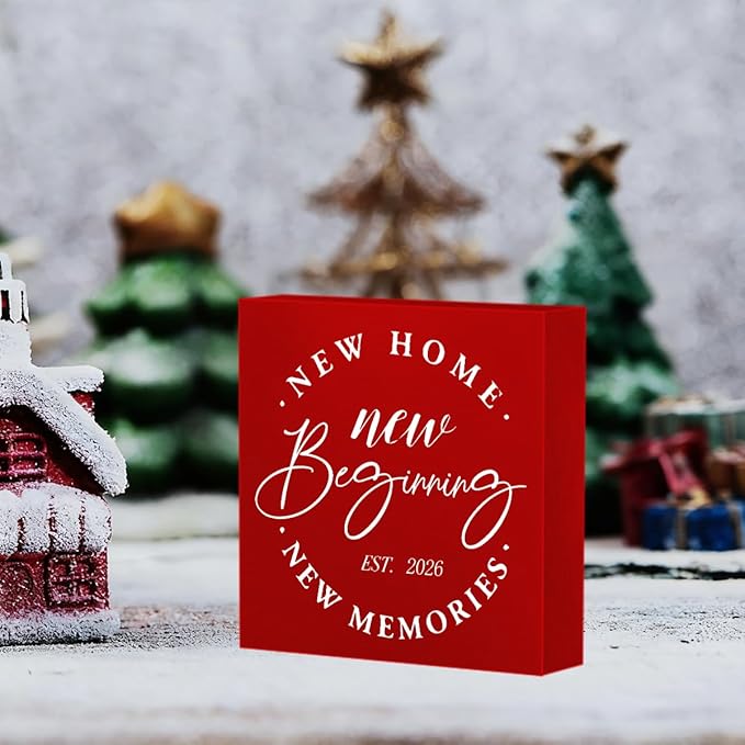 MUBIAO Rustic 2026 New Home Housewarming Gifts Ideasfor Women Men Friend Home Desk Shelf Decor - 5.1 x 5.1 Inches New Memories Decor Accessories - Red